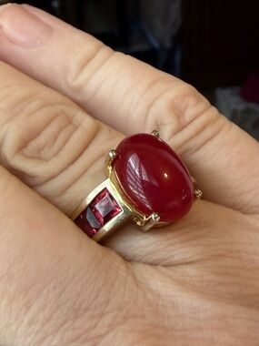 Cabachon Ruby and Tourmaline ring. Sterling Silver with gold vermeil